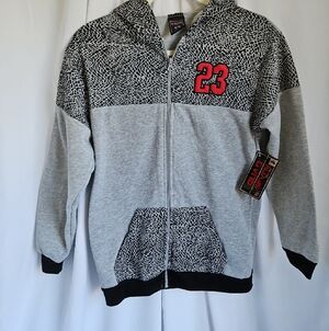 Quad Seven Boy's Grey & Black Elephant Print Zip Hoodie with Red 23 Patch-16/18